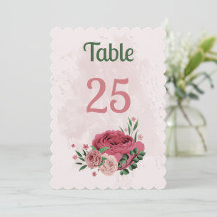 pink flowers green leaves table number card