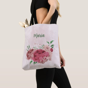 pink flowers green leaves tote bag