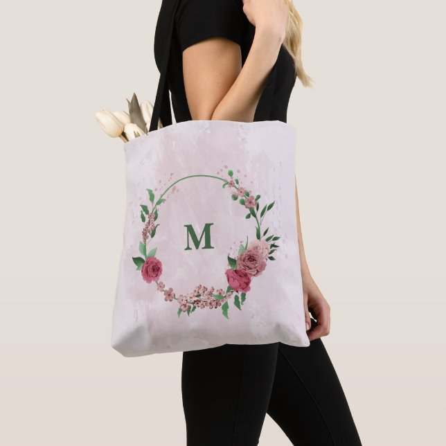 pink flowers green leaves  tote bag (Close Up)