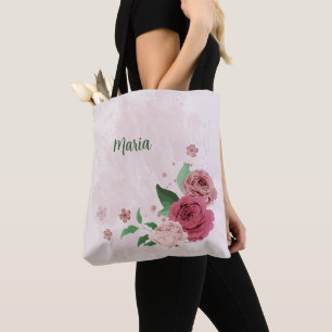 pink flowers green leaves  tote bag