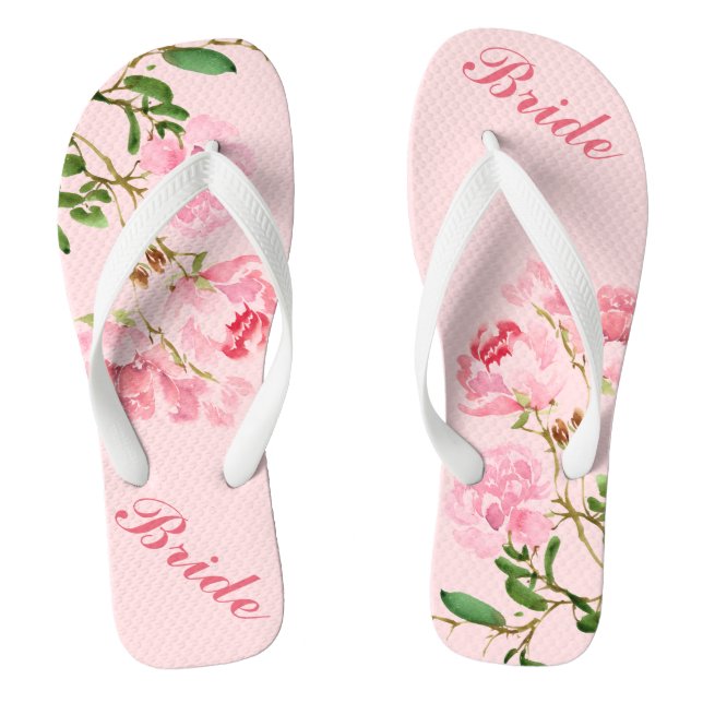 Pink Flowers Green Leaves Watercolor Bride Thongs (Footbed)