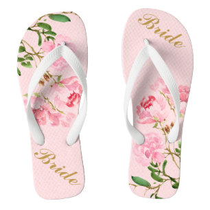 Pink Flowers Green Leaves Watercolor Golden Bride Thongs