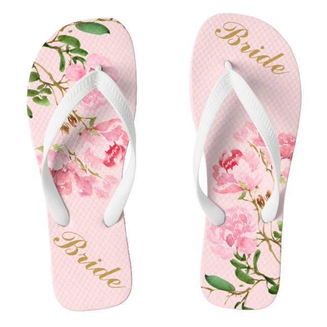 Pink Flowers Green Leaves Watercolor Golden Bride Thongs (Footbed)