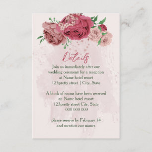pink flowers green leaves wedding details enclosure card