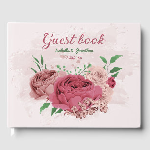pink flowers green leaves wedding guest book