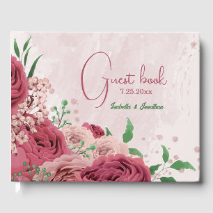 pink flowers green leaves wedding guest book