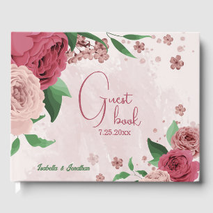 pink flowers green leaves wedding guest book