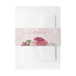 pink flowers green leaves wedding invitation belly band