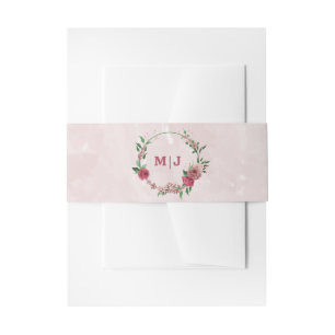 pink flowers green leaves wedding invitation belly band