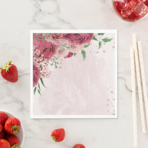 pink flowers green leaves wedding napkin