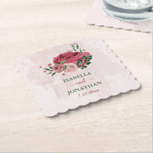 pink flowers green leaves wedding paper coaster