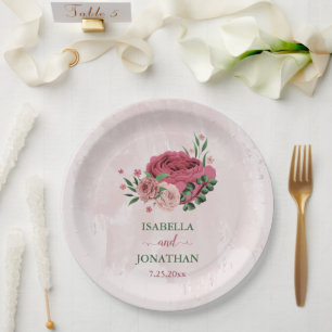 pink flowers green leaves wedding paper plate