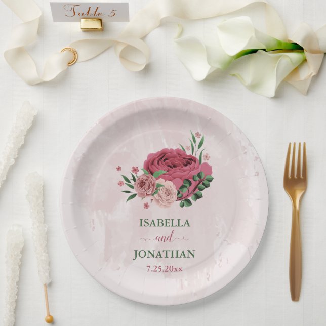 pink flowers green leaves wedding paper plate (Wedding)