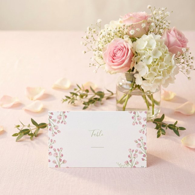 Pink flowers, green script table number place card (Pink flowers, green script table number place card.)