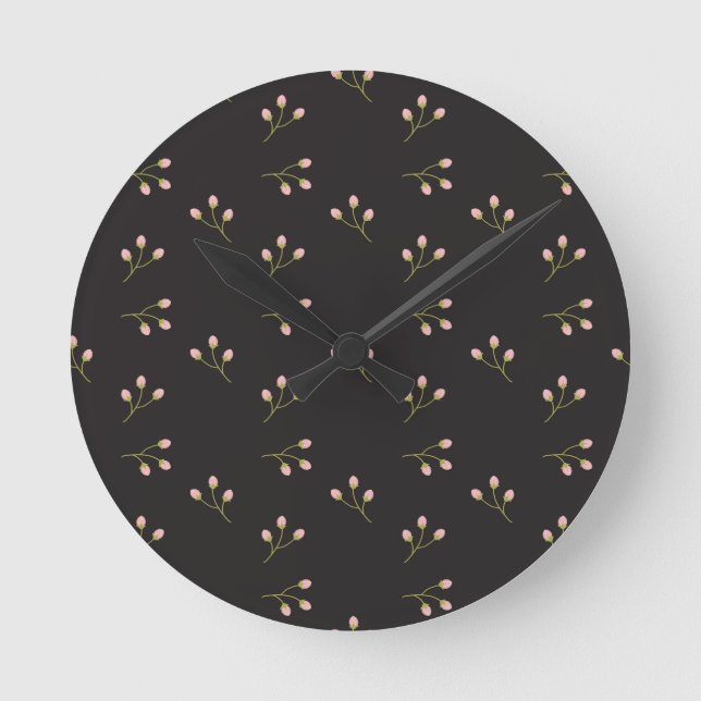 Pink Flowers Green Stem Black Floral Spring Round Clock (Front)