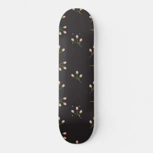 Pink Flowers Green Stem Black Floral Spring Skateboard