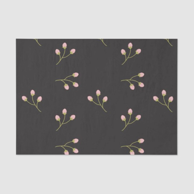 Pink Flowers Green Stem Black Floral Spring Tissue Paper (Front)