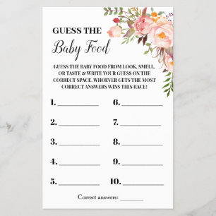 Pink Flowers Guess the Baby Food Shower Game Card