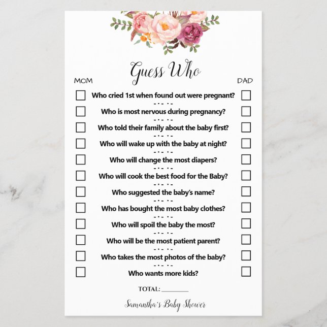 Pink Flowers Guess Who Baby Shower Game Card (Front)