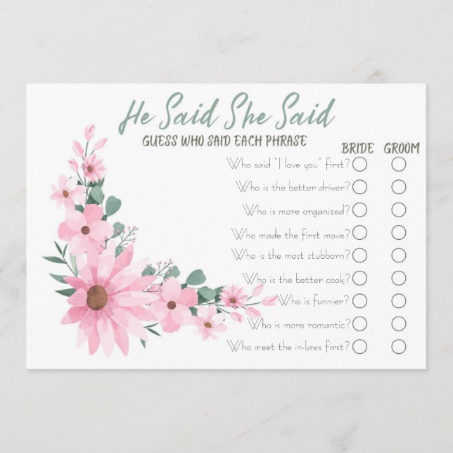 Pink Flowers He Said She Said Bridal Shower Game Advice Card (Front)