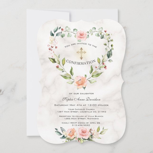 Pink Flowers Heart Frame Marble Girl Confirmation Invitation (Front)