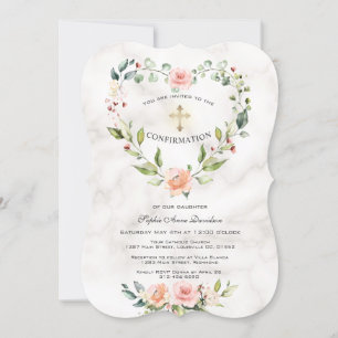 Pink Flowers Heart Frame Marble Girl Confirmation Invitation