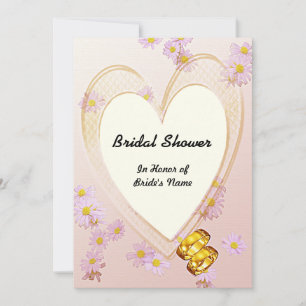 Pink Flowers, Heart Frame, Rings Bridal Shower Invitation