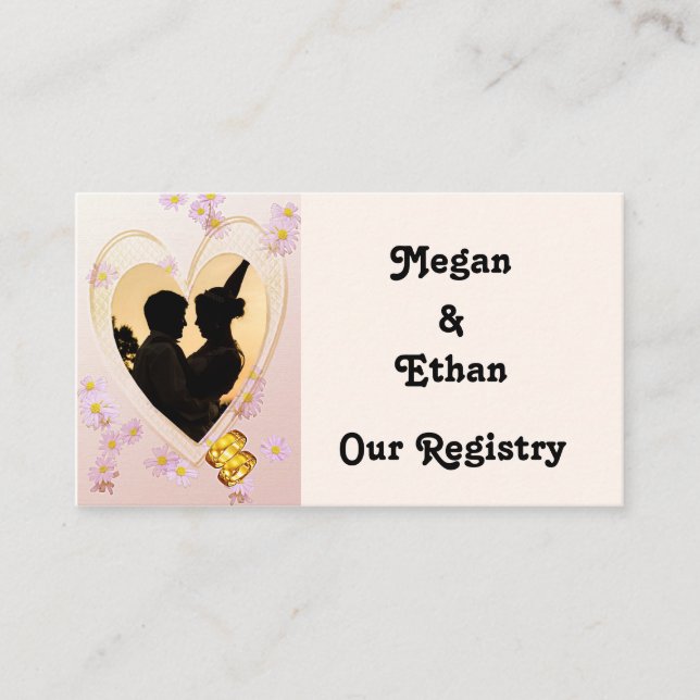 Pink Flowers, Heart, Gold Rings Registry Card (Front)