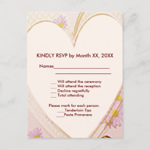 Pink Flowers, Heart, Rings RSVP Wedding Dinner Invitation Postcard