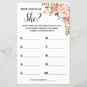 Pink Flowers How old was She Baby Shower Game card