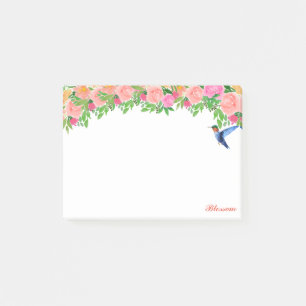 Pink flowers, hummingbird & calligraphy on white post-it notes