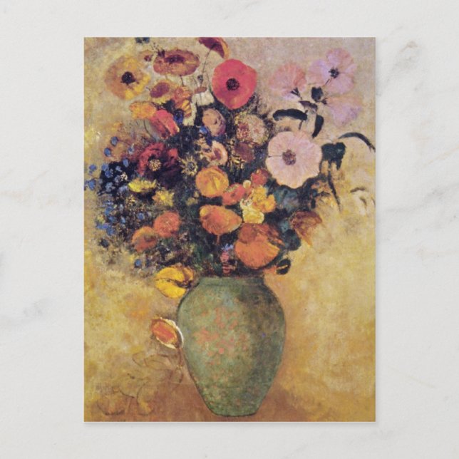 Pink Flowers in a Green Vase, Odilon Redon flowers Postcard (Front)