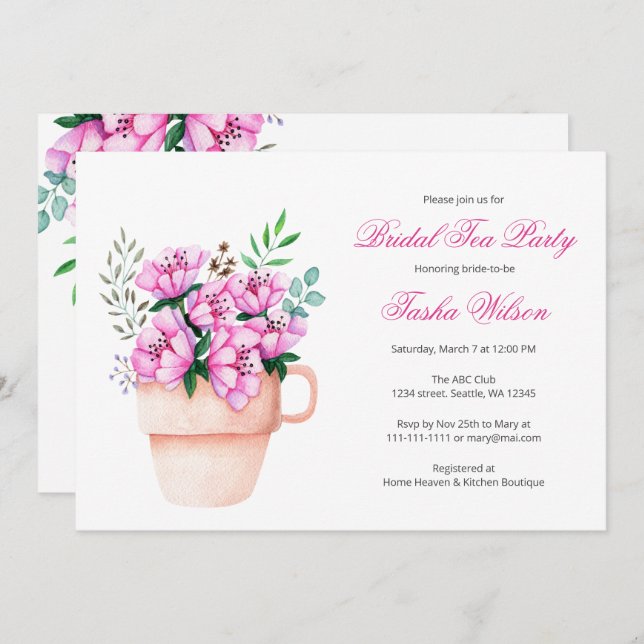Pink Flowers in a Teacup Bridal Shower Tea Party Invitation (Front/Back)