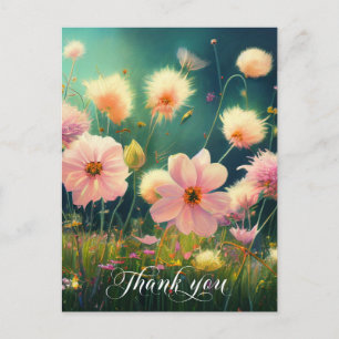 Pink Flowers in Field THANK YOU Blank Postcard