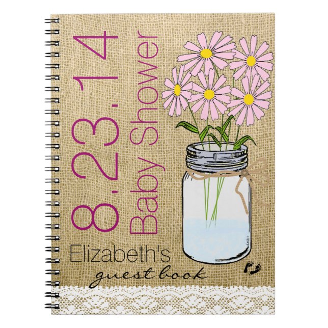Pink Flowers In Mason Jar Baby Shower Guest Book- Notebook (Front)