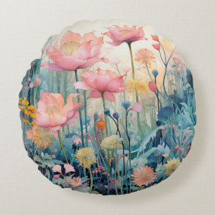 Pink Flowers In The Spring Mid-Century Watercolor  Round Cushion