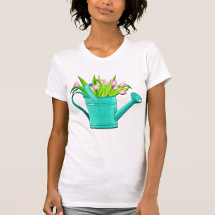 Pink Flowers in Turquoise Watering Can T Shirt