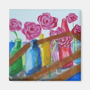 pink flowers in vases painting magnet