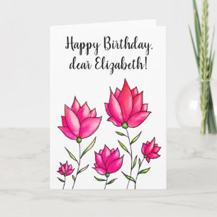 Pink Flowers Ink Watercolor Happy Birthday Name Card