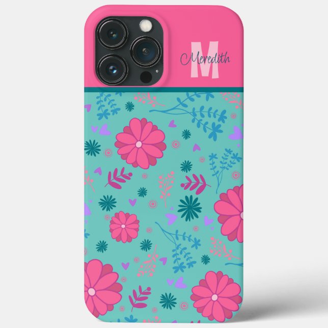 Pink Flowers Inspirivity Custom Name Monogram Case-Mate iPhone Case (Back)