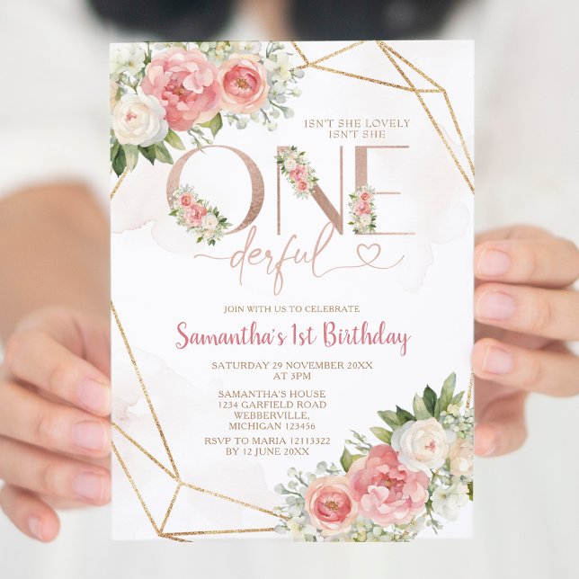 Pink Flowers Isn't She Onederful 1st Birthday Gold Invitation (Creator Uploaded)