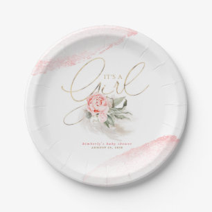 Pink Flowers It's a Girl Cute Baby Shower Paper Plate
