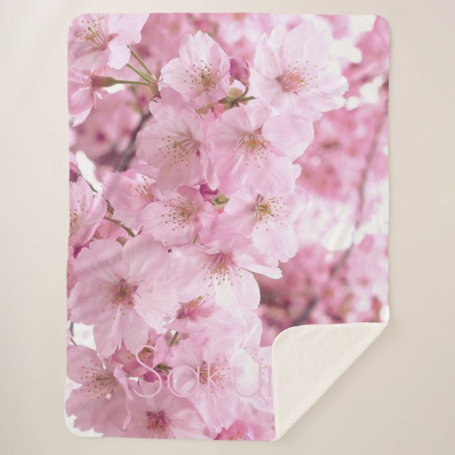 Pink Flowers Japanese Cherry Blossom Sherpa Blanket (Front)