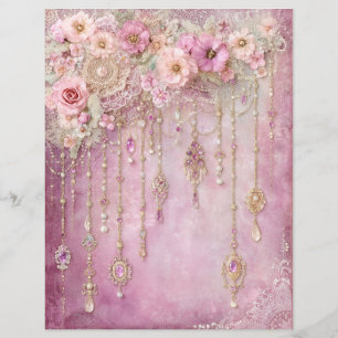 Pink Flowers Jewels Junk Journal Scrapbook Paper