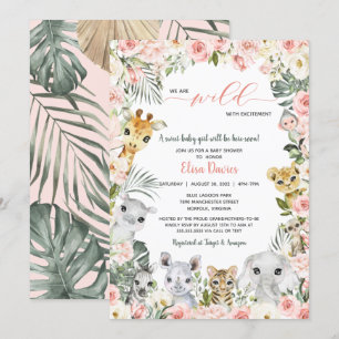 Pink Flowers Jungle Safari Animals Baby Shower Invitation