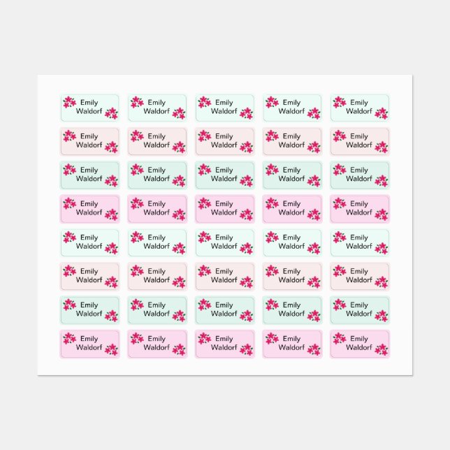 Pink Flowers Kids' Name Clothing School Labels (Sheet)