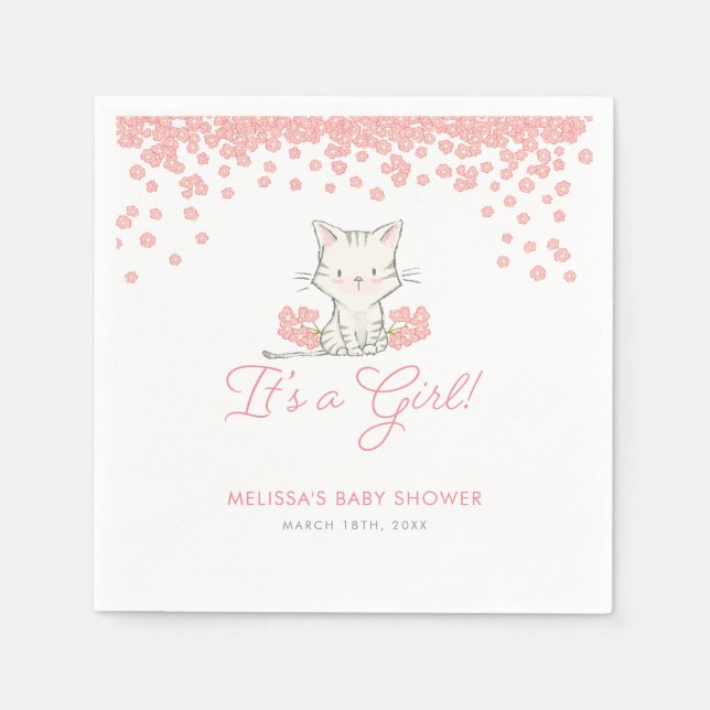 Pink Flowers Kitten Girl Baby Shower Napkin (Front)