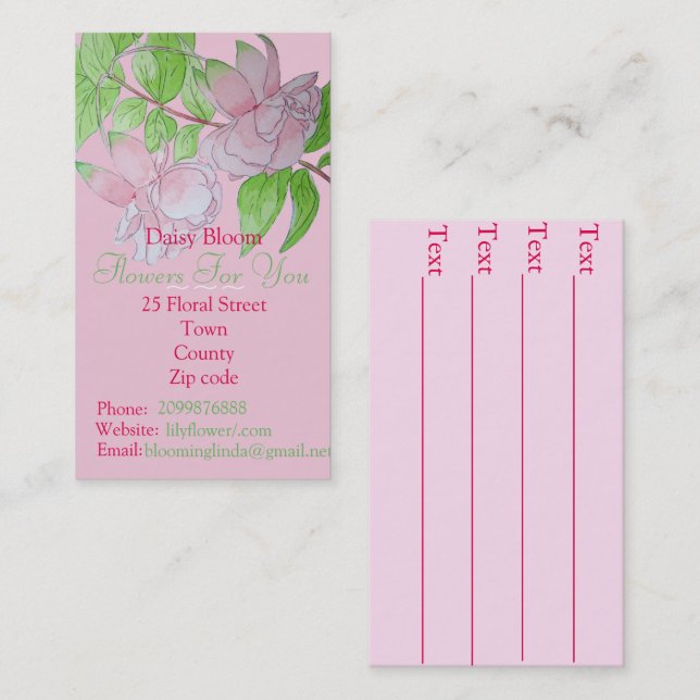 Pink flowers leaves floral art florist business card (Front/Back)