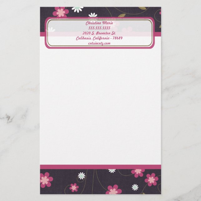 Pink Flowers Letterhead Stationery (Front)