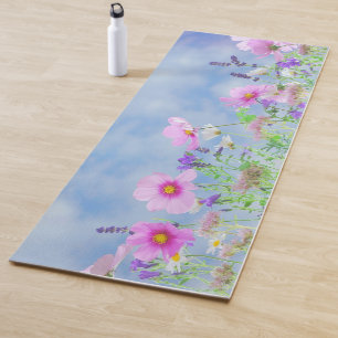 Pink Flowers Light Blue Sky Spring Yoga Mat
